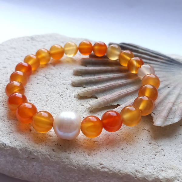 Orange Carnelian Semi-Precious Beaded Bracelet 