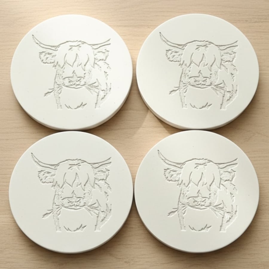Set of Four Grey Highland Cow Drinks Coasters, Handmade Stone Like Finish
