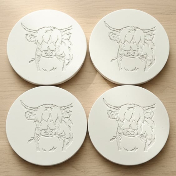 Set of Four Grey Highland Cow Drinks Coasters, Handmade Stone Like Finish