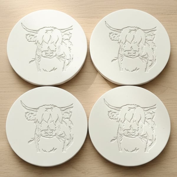 Set of Four Grey Highland Cow Drinks Coasters, Handmade Stone Like Finish