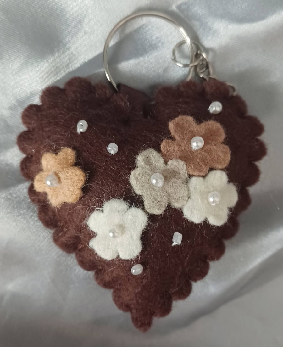 Brown Floral Heart Keyring