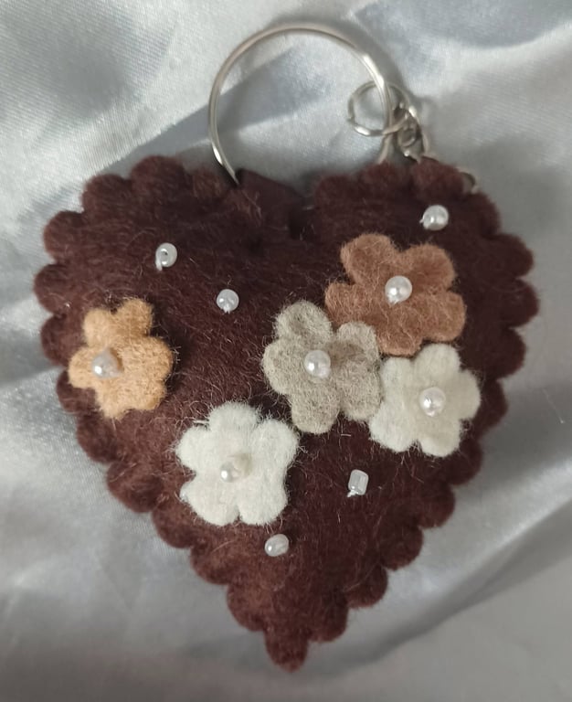 Brown Floral Heart Keyring