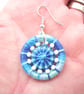 Earrings, Drop or Dangle, Beaded Dorset Buttons, Variegated Blue Thread - Image 3