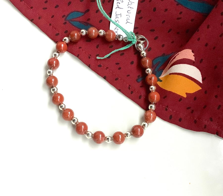 Red jasper gemstone bracelet, silver coated beads bracelet