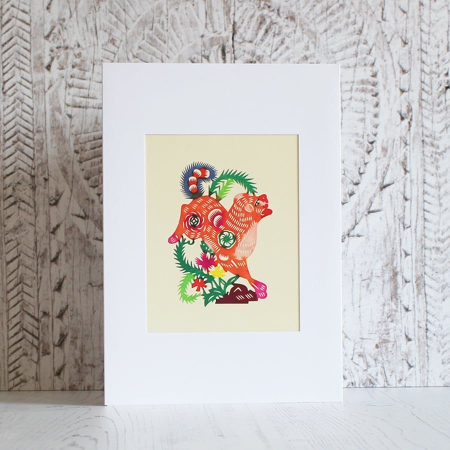 Handmade card. Chinese paper cut of a tiger.