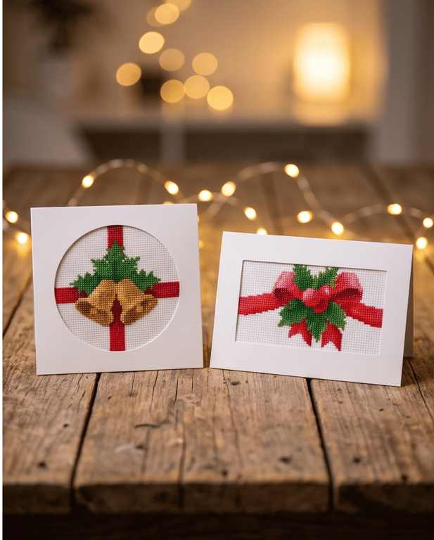 Embroidered Festive Card Duo, Traditional Bells and Ribbon Keepsake