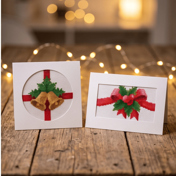 Embroidered Festive Card Duo, Traditional Bells and Ribbon Keepsake