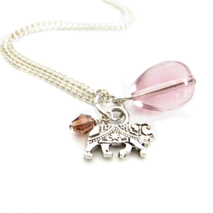 Elephant Necklace, Plum Glass and Crystal