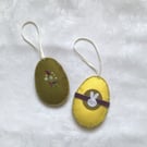 Easter decoration, hanging decor, yellow, green, hand stitched, egg, embroidered