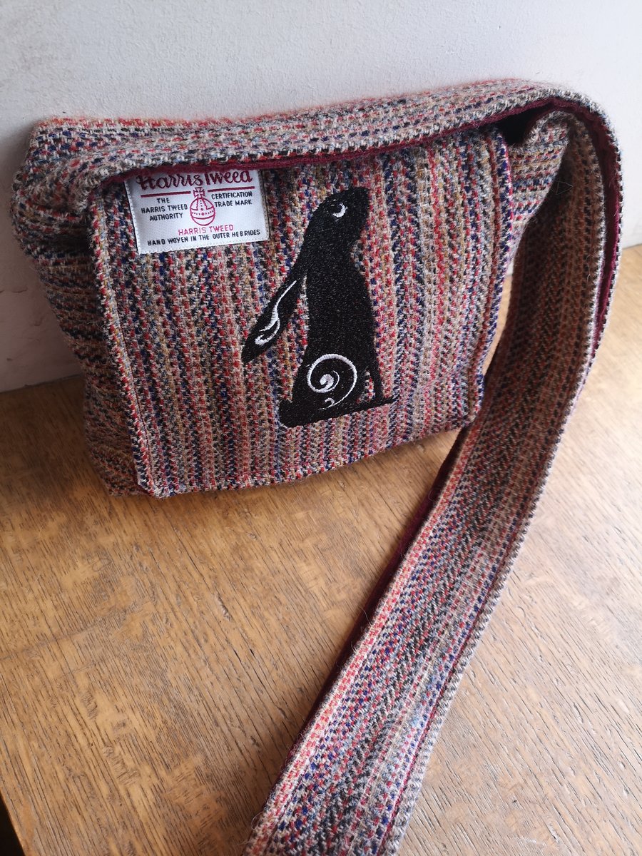 Harris tweed crossbody bag with Embroidered Hare