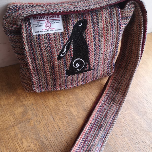 Harris tweed crossbody bag with Embroidered Hare
