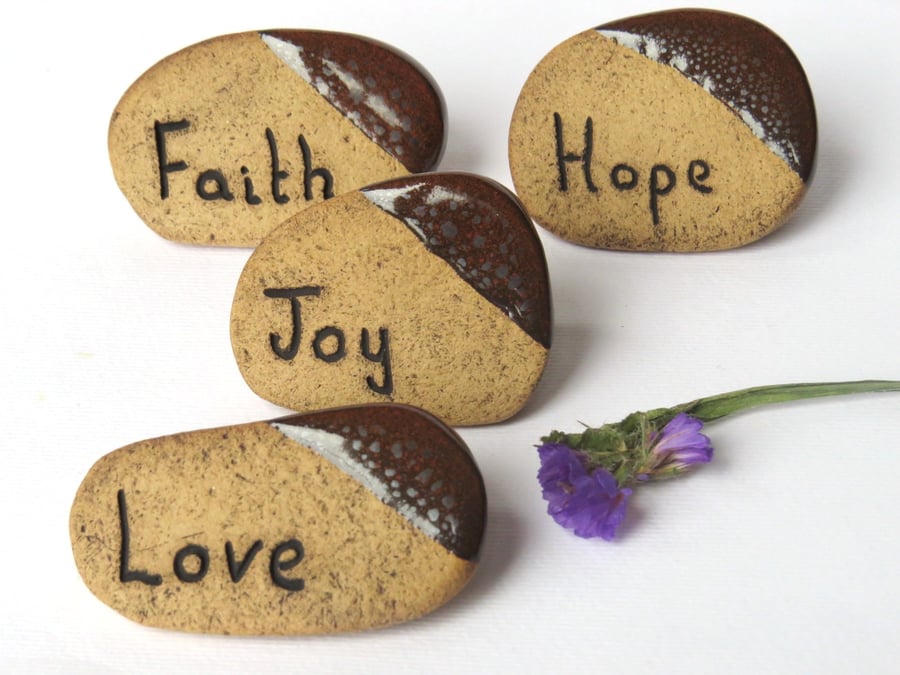 Box of 4 Word Stones - Love, Hope, Faith and Joy. Helpful Pottery Ceramics UK 