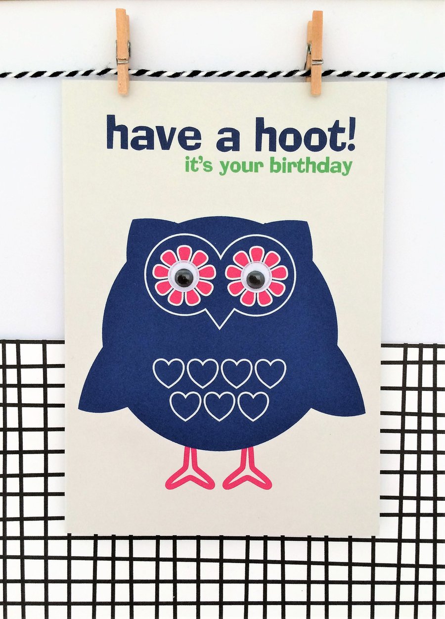 Owl Birthday Card - Have a Hoot! - Happy Birthday - Googly Eyes - Handmade Card 