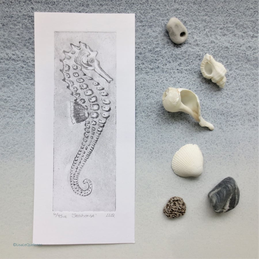 Original etching print seahorse art marine life artwork gift for beach lover
