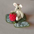 Strawberry mouse miniature jointed collectable with a silk embroidered leaf