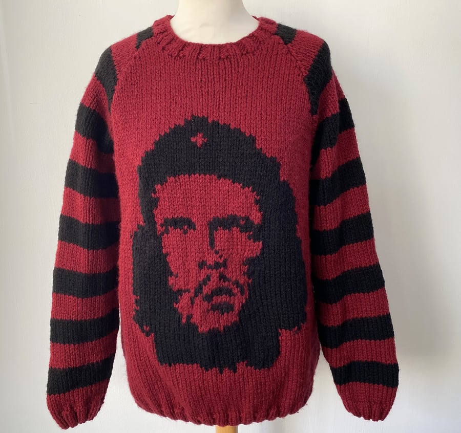 Che Guevara Striped Sleeves Burgundy Background Hand Knitted Jumper