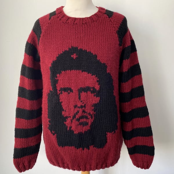 Che Guevara Striped Sleeves Burgundy Background Hand Knitted Jumper