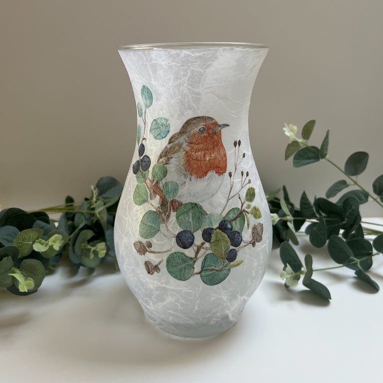 Decoupage Large Glass Vase: Robin, Upcycled