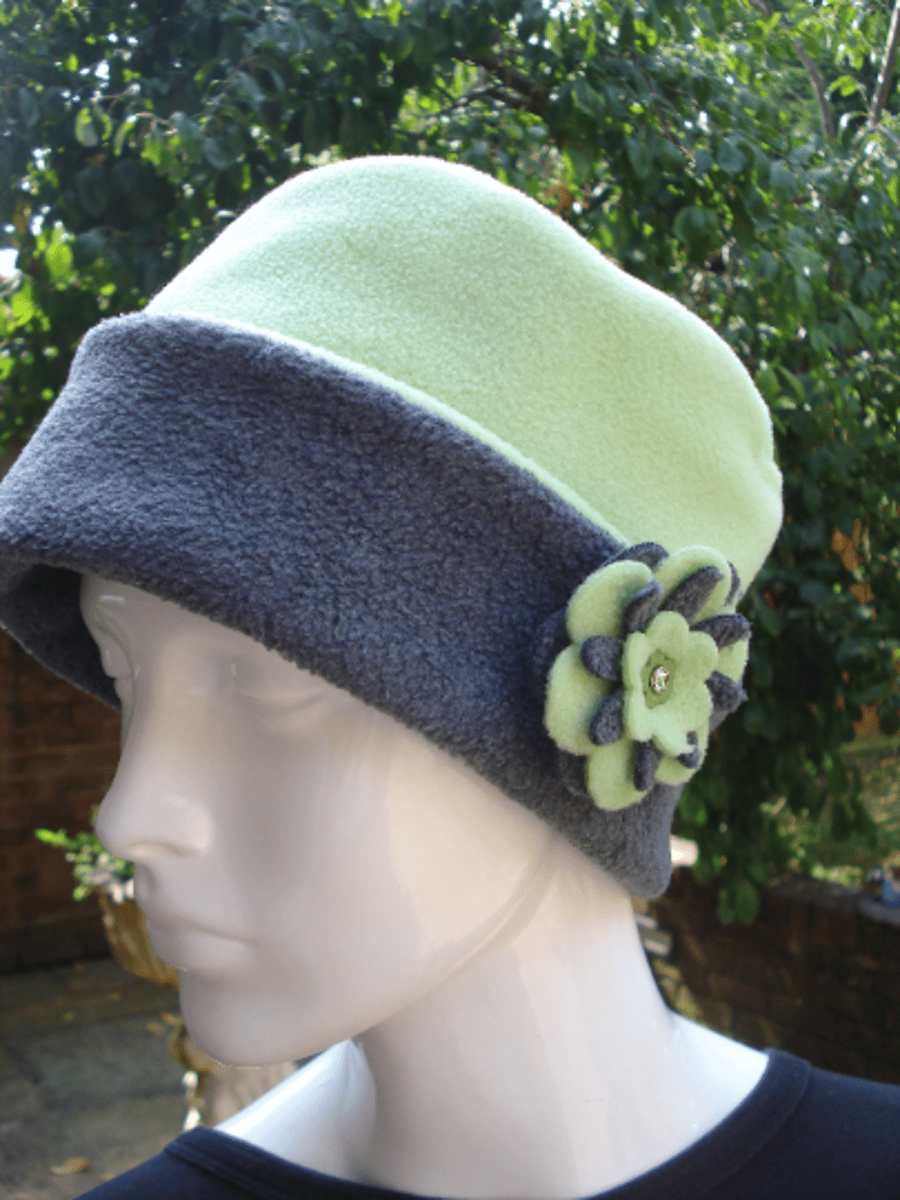 Fleece Hat Lime Green And Grey Reversible With Detachable Flower Brooch (R332)