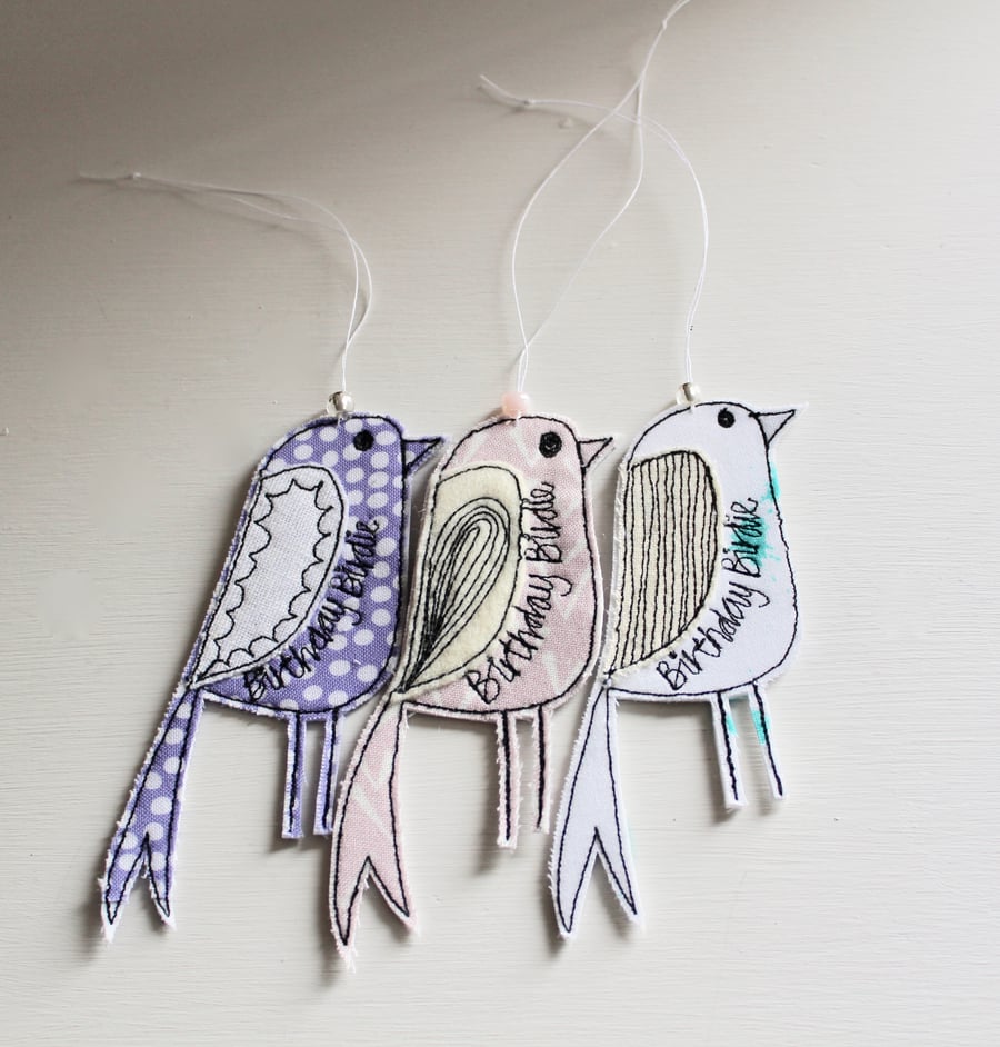 'Three Birthday Birdie' - Stitched Gift Tag