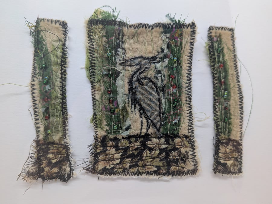 Silk, tweed and bead Heron picture