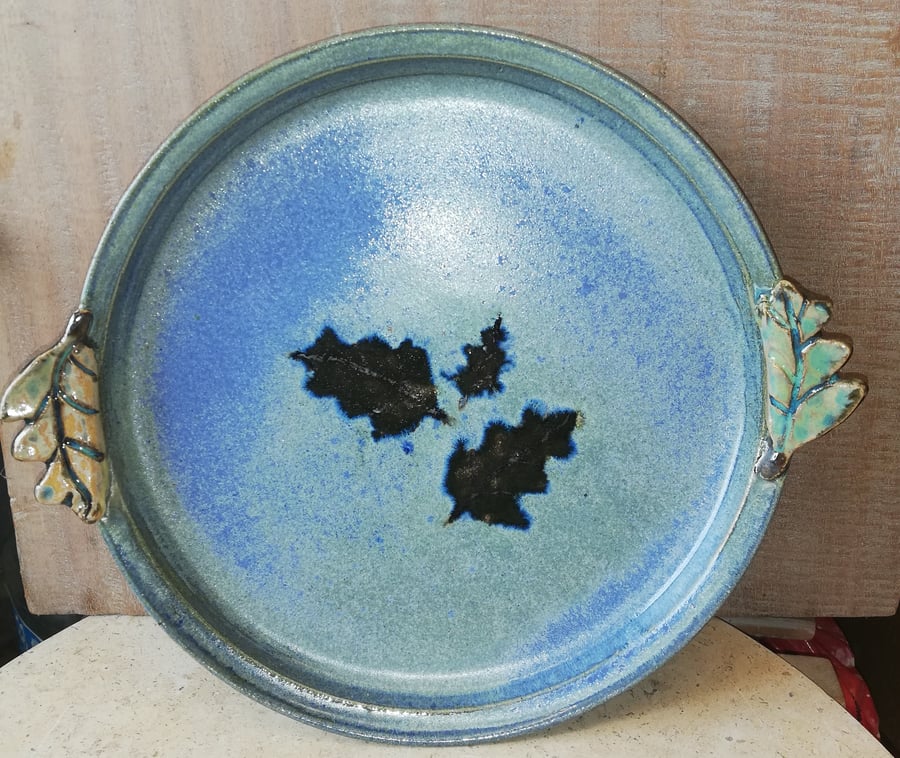 Leaf handled,  large ceramic serving plate