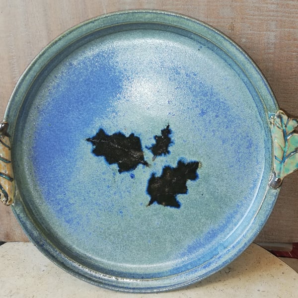 Leaf handled,  large ceramic serving plate
