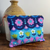 Vintage barkcloth blue and pink floral and reclaimed denim zip pouch