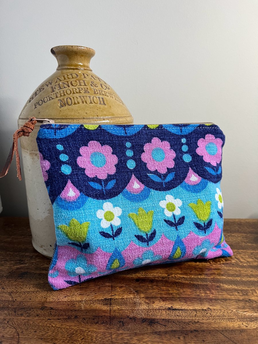 Vintage barkcloth blue and pink floral and reclaimed denim zip pouch