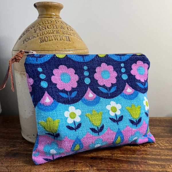 Vintage barkcloth blue and pink floral and reclaimed denim zip pouch