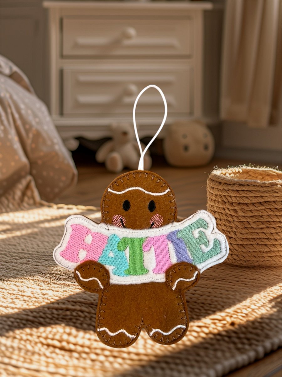 Personalised gingerbread lady with name Hattie Embroidered Hanging Keepsake
