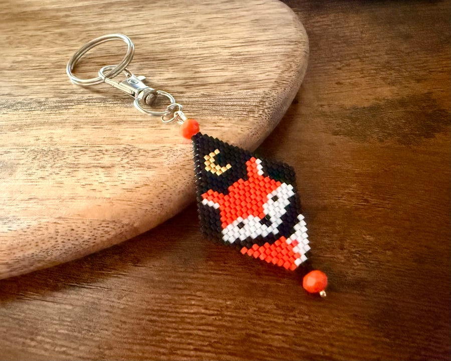 Fox and Crescent Moon Beaded Keyring – Handmade Orange and Black Fox Charm