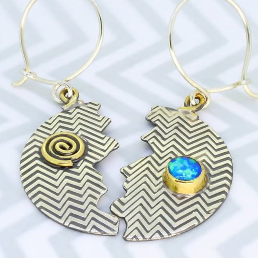 Zigzag sterling silver earrings, handmade halved Opal earrings. Stone choice.