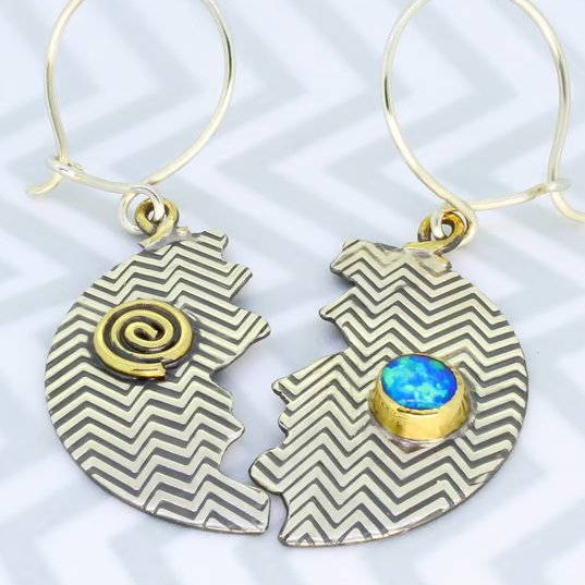 Zigzag sterling silver earrings, handmade halved Opal earrings. Stone choice.