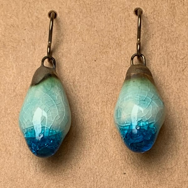 Artisan blue-green ceramic dangle earrings with FREE UK P&P