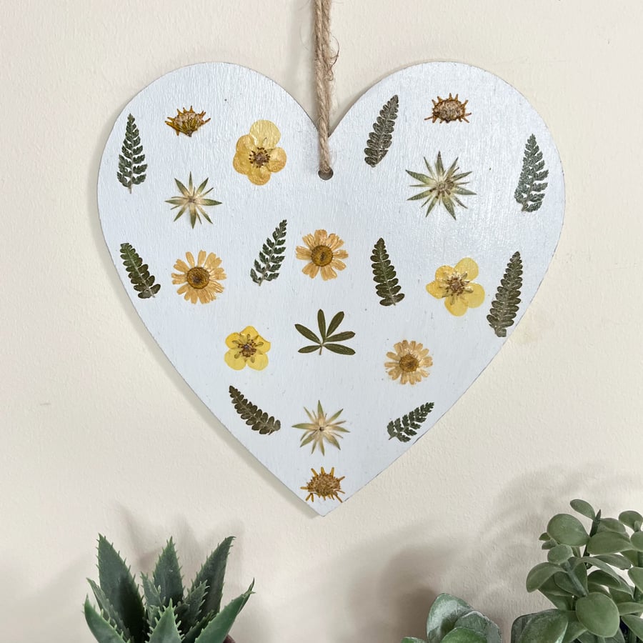 Pressed Flower Hand Painted Wooden Heart Botanical Art
