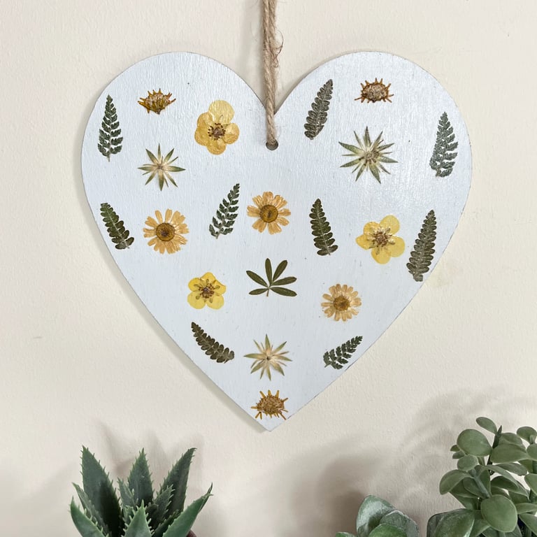 Pressed Flower Hand Painted Wooden Heart Botanical Art