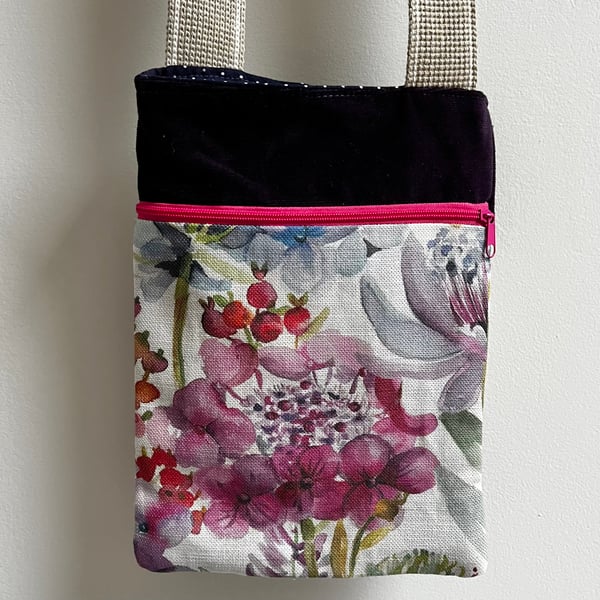 Crossbody bag in purple needlecord and pretty floral cotton webbing strap