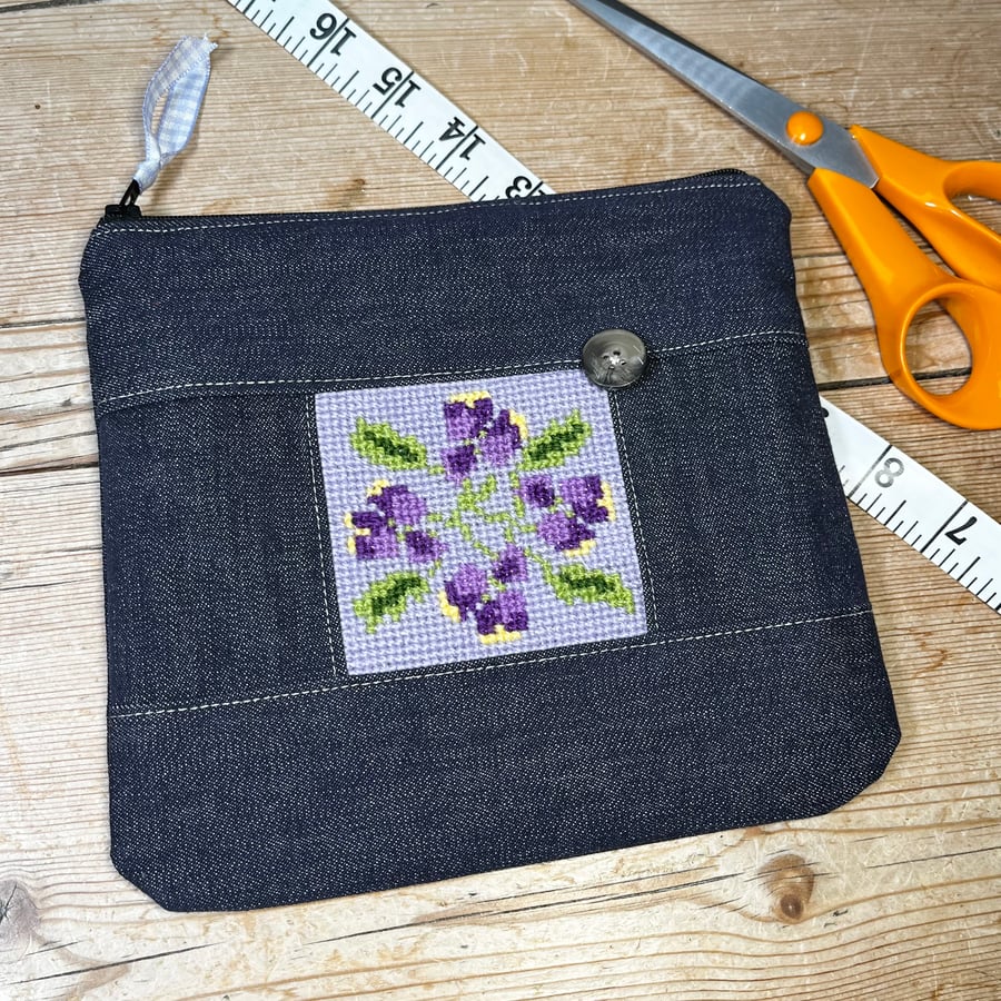 Repurposed Viola tapestry zip pouch with ditsy floral lining