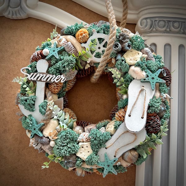 Coastal home floral wreath Summer beach house hanging decor nautical style
