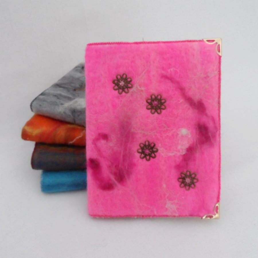 Notebook, removable felt cover, bright pink with flowers