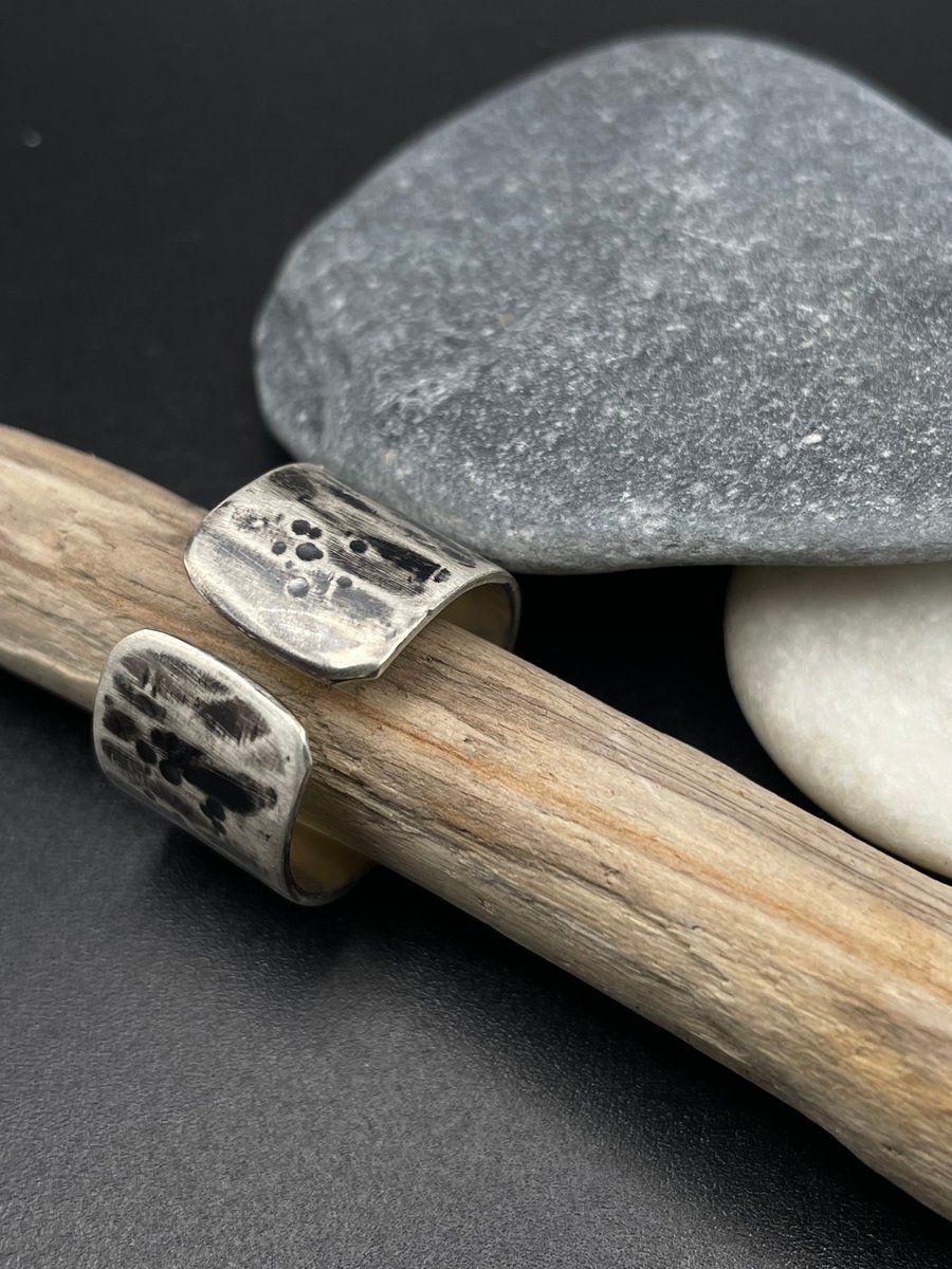 Wide oxidised ring, sterling silver textured, open band Size P and a half