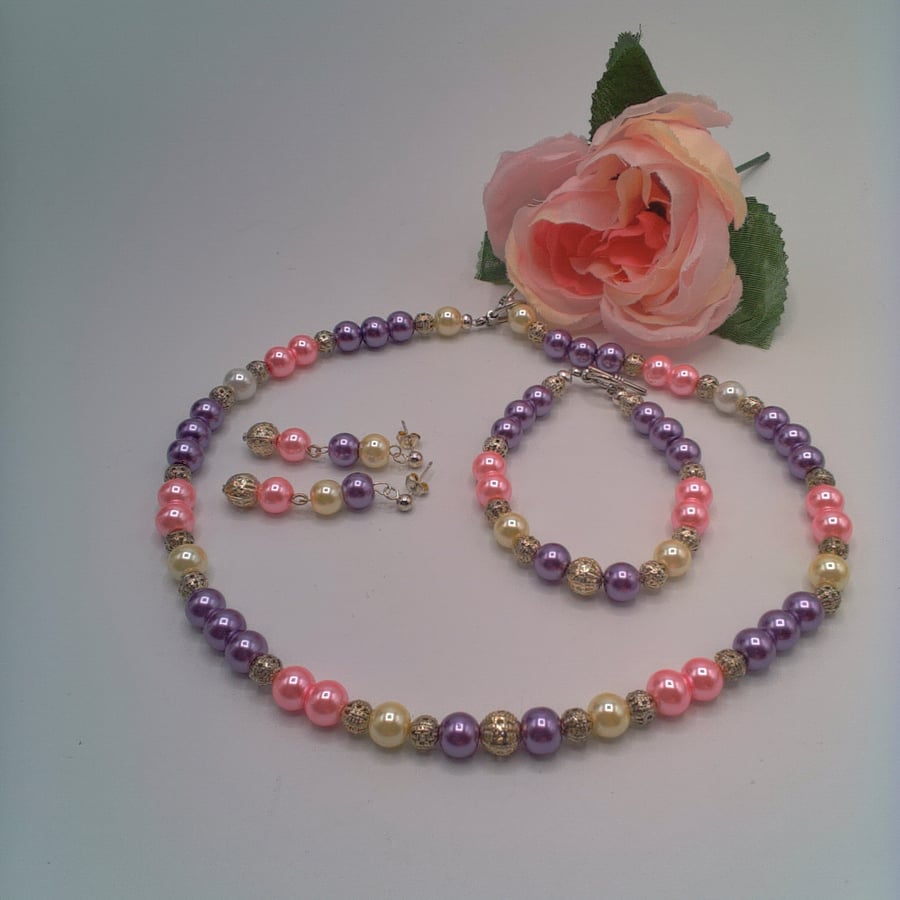 Pink Lilac and Cream Pearl Necklace Bracelet and Earrings, Pearl Jewellery