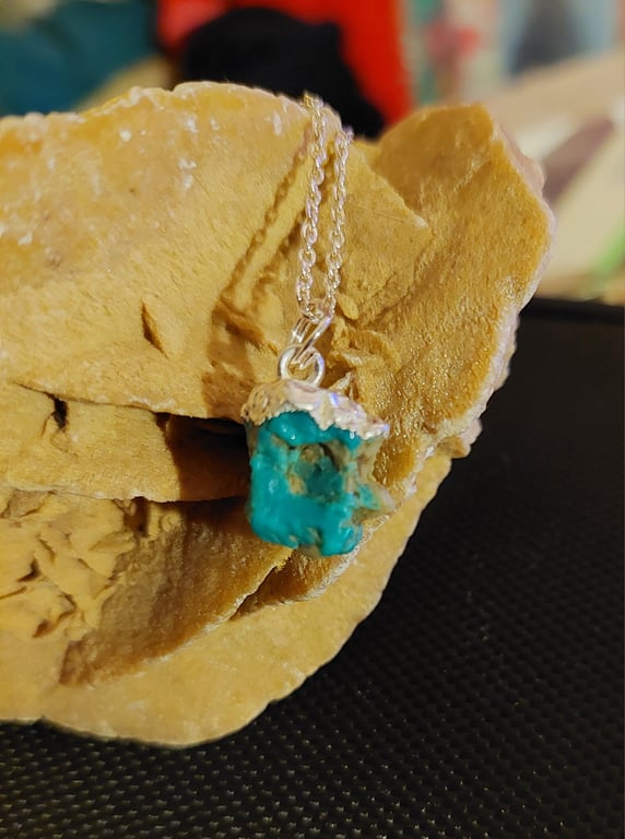 Raw Turquoise Crystal and Sterling Silver Necklace - December Birthstone