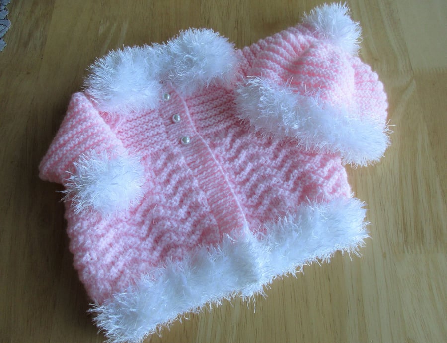 14" Newborn Pink & White Matinee Coat and  Hat Set