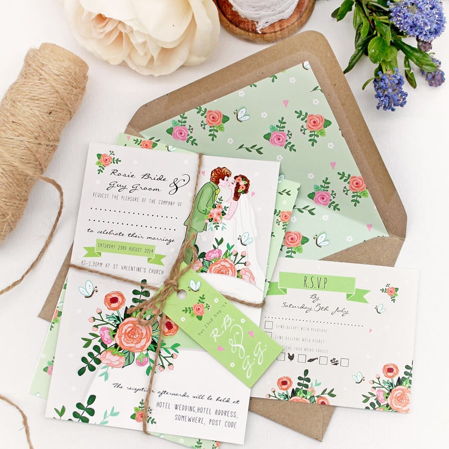 DIY Printable Wedding Stationery Set - Customised Wedding Cake Couple (Green)