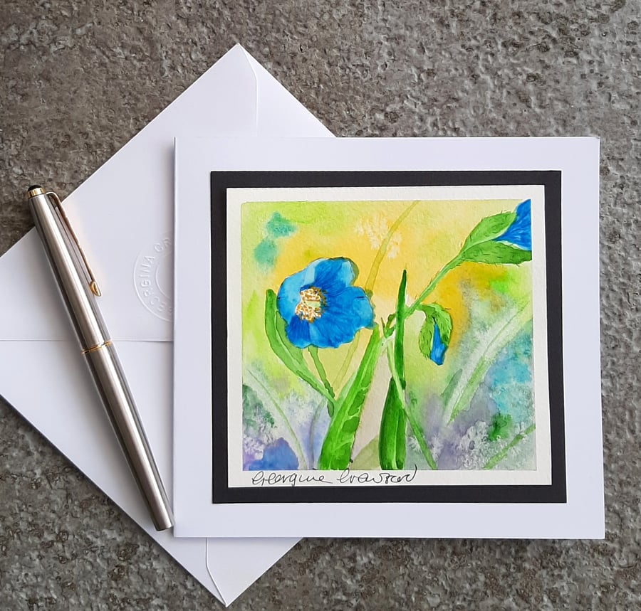 Blank Handpainted Card, Birthday, Anniversary Keepsake. Himalayan Poppies SALE