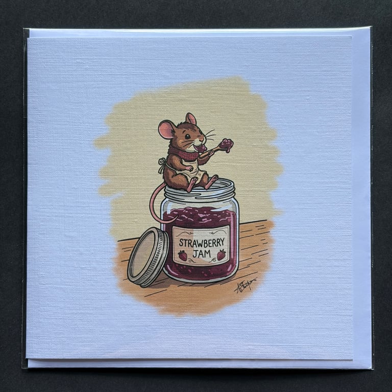 Strawberry Jam Mouse Greeting Card - 15cm Square - Hand-Printed Linen Card