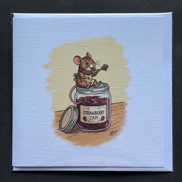 Strawberry Jam Mouse Greeting Card - 15cm Square - Hand-Printed Linen Card