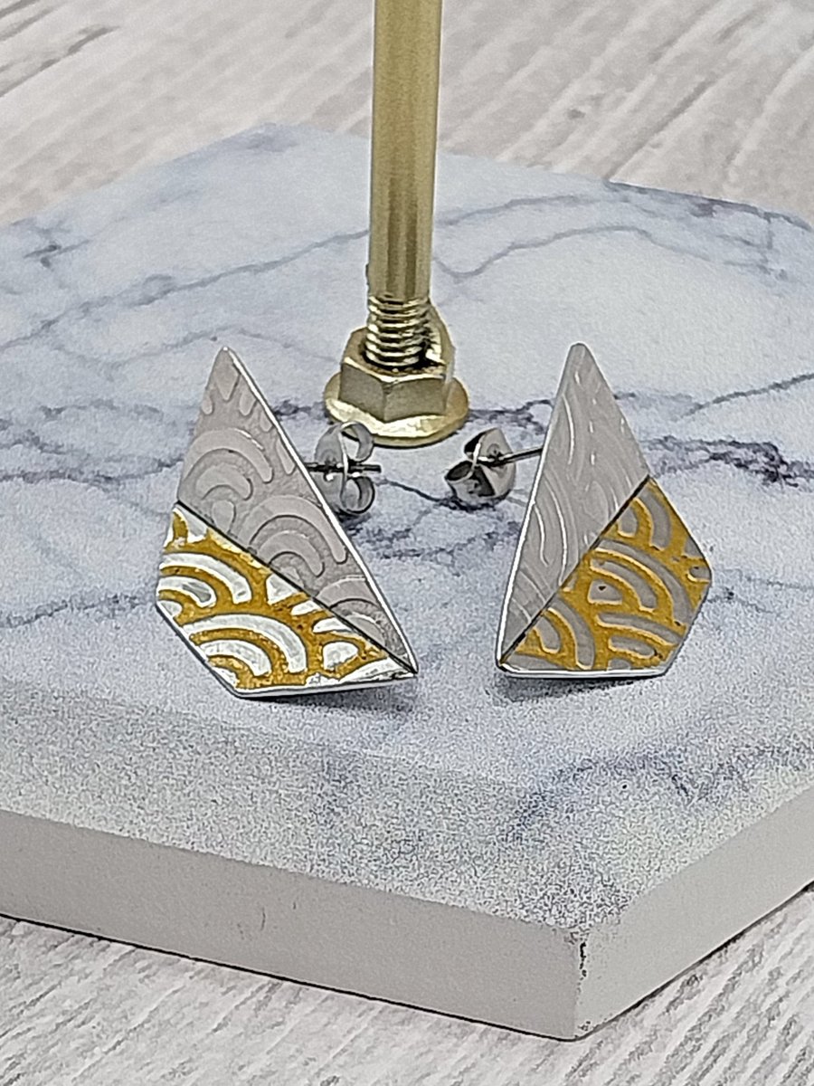 Aluminium Tin Geometric Stud Earrings – Half Folded Design – Silver Gold